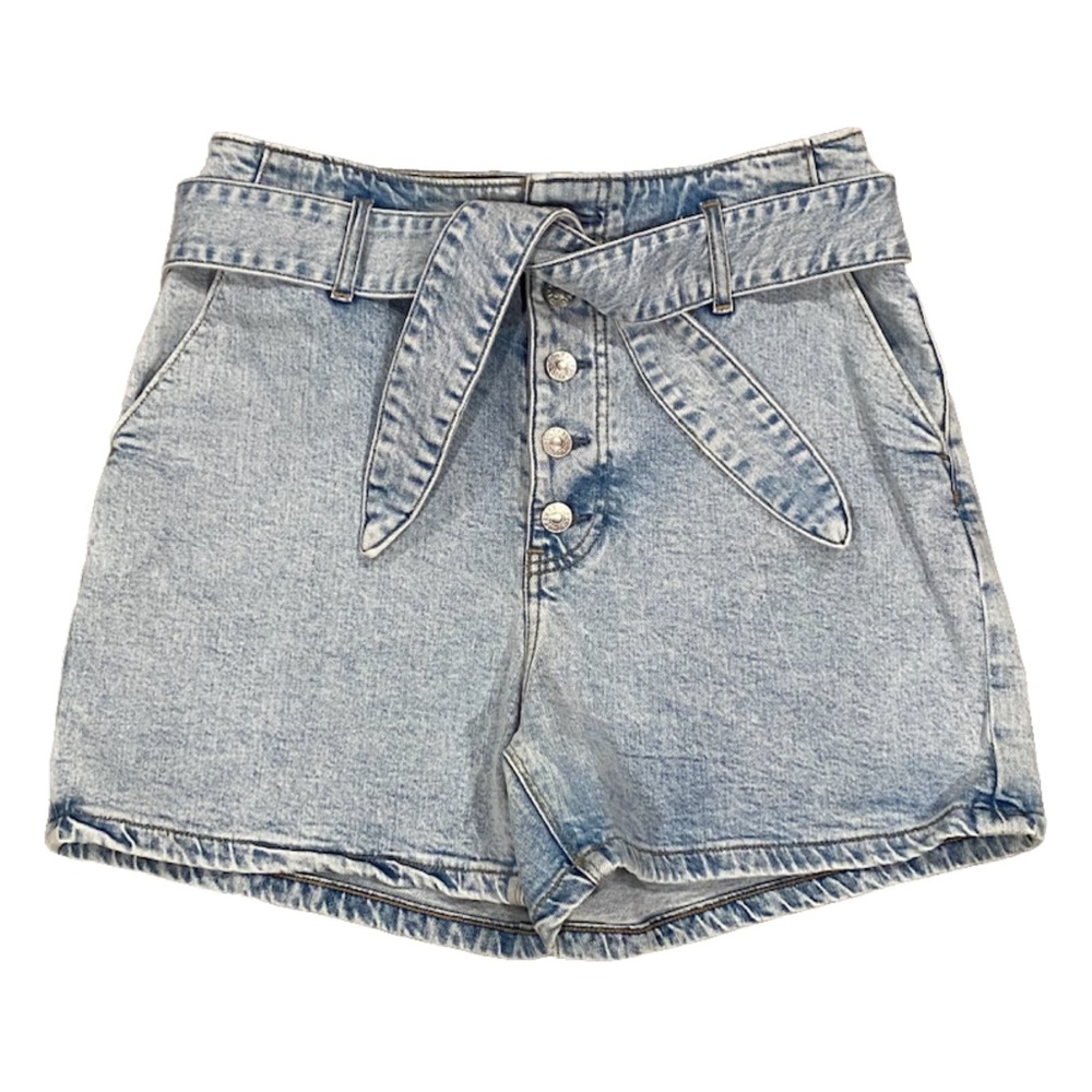 Express Super High Rise Midi Denim Shorts Women’s Size 6 R Mom Jean Belted Jorts